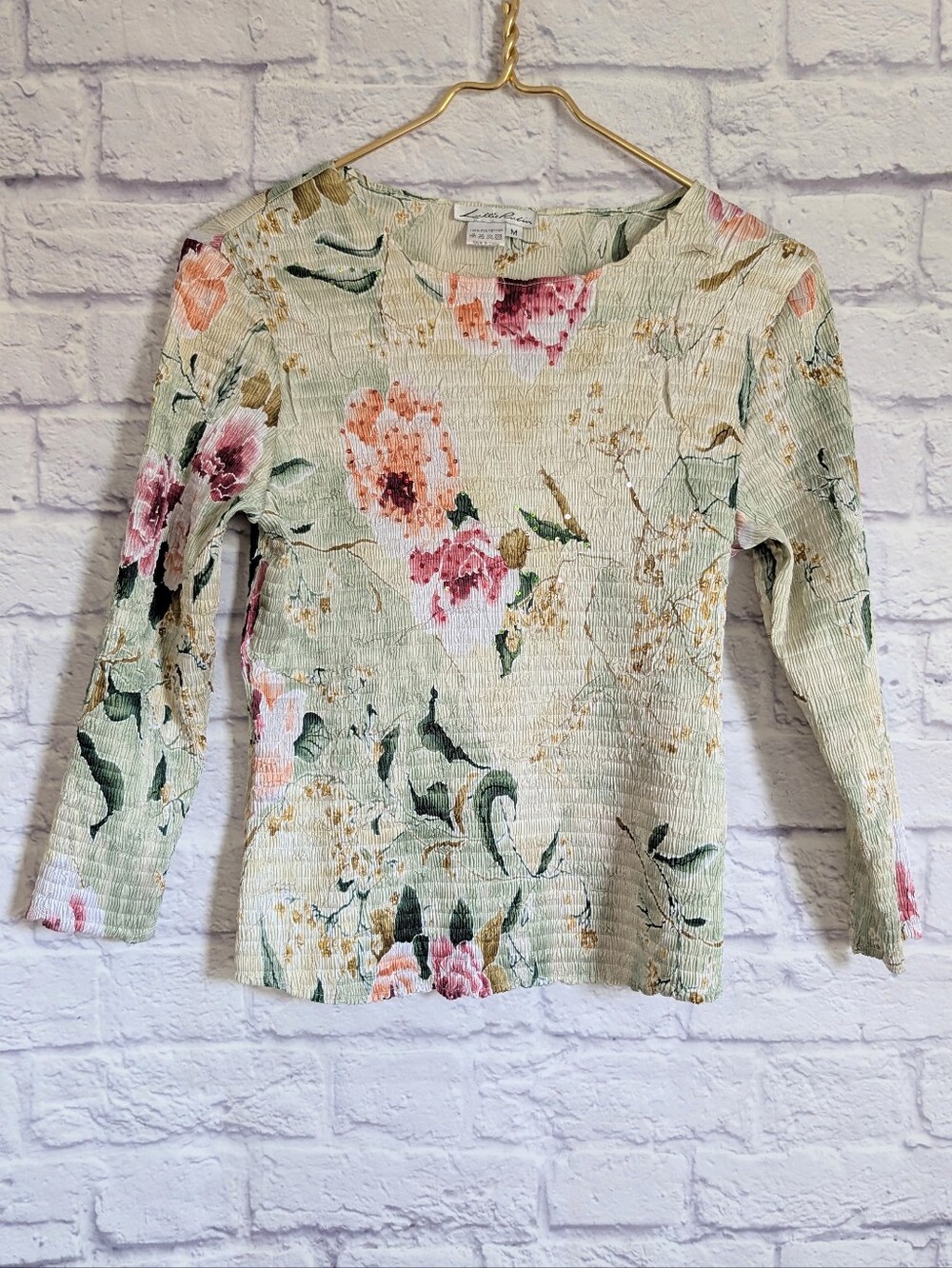 Vintage Lillie Rubin Crinkle Floral Top M Sequins Y2K Fairycore Micro Pleat